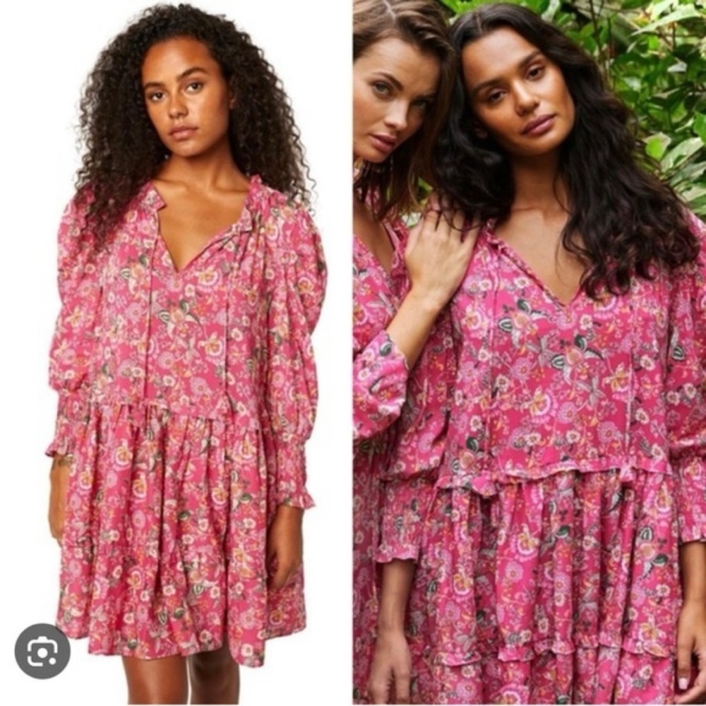 Misa Floral mini dress long sleeve cotton boho bold Fuscia pink garden party xl